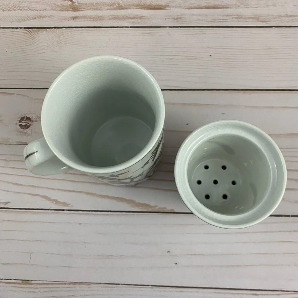 Pier 1 Imports Porcelain Tea Infuser Mug Birds & Blossoms Hand Painted NO LID
